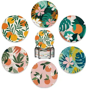 Drink Coasters Set of 6 with Holder Tropical Palm Leaves Orange Floral Absorbent Ceramic Coasters with Cork Base
