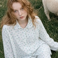 Pabrik OEM ODM Label Pribadi MOQ Rendah Set Piyama Wanita 100% Katun Lengan Panjang Motif Bunga Grosir