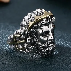 BOCAI S925 Sterling Silver Banhado A Ouro Pedra Natural Charme Anel para Homens Nova Moda Retro Zeus Cabeça Retrato Ajustável Jóias - Product Image 5
