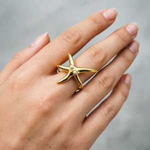 New Ocean Collection Stainless Steel <b>Open</b> <b>Ring</b> with Diamond Setting and Starfish Design 18K Gold Furnace Plated - Product Image 3