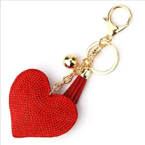 Wholesale fashion hot fix glitter stones heart shaped charm keychain leather tassel keyring