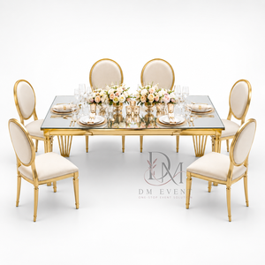 Mesa de Comedor Rectangular Moderna de Acero Inoxidable Dorado con Patas Curvas y Cubierta de Cristal para Eventos y Bodas - Product Image 3
