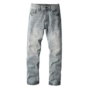 Calças Jeans Masculinas Baggy Rasgadas e Desgastadas Estilo Hip Hop Retrô Streetwear com Lavagem Vintage, Elásticas e Decoradas com Strass, Calças Biker para 4 Estações - Product Image 3