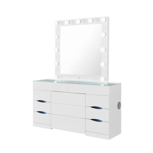Modern Solid Oak Wood Dresser Vanity Table with Adjustable Lighted Mirror and Storage <b>Drawers</b> for Bedroom - Product Image 2