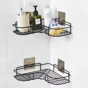 Étagère <span class=keywords><strong>d</strong></span>'<span class=keywords><strong>angle</strong></span> sans perçage pour salle de bain, support <span class=keywords><strong>mural</strong></span> triangulaire en métal pour shampoings, étagères triangulaires pour salle de bain - Product Image 2
