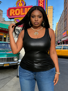 Joyinspring – Débardeur plissé en similicuir noir grande taille à col en U – Style décontracté – En stock - Product Image 2