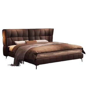 Italian Minimalist Genuine Leather <b>Bed</b> Double Size Upholstered Waffle Design Master Bedroom Wedding <b>Bed</b> - Product Image 5