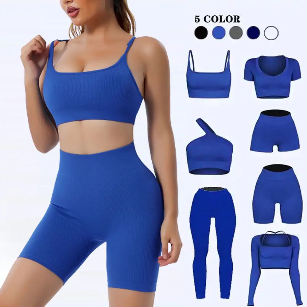 Yoga Suits Wholesale Sportswear Workout Sets Fitness Clothing One Shoulder Bra 7 Pcs Ribbed Yoga Sets Fitness Leggings Set Woman