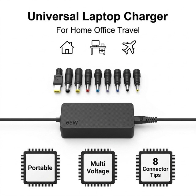 THEONE Universal Laptop Charger for Home Office Travel Multi Voltage Notebook Adapter with 8 Connector Tips Portable