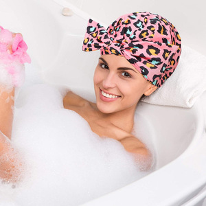 <span class=keywords><strong>Bonnet</strong></span> de douche léopard de luxe pour femmes imperméable doublé de Satin réglable Double couche de soie casquettes de <span class=keywords><strong>bain</strong></span> de plage pour les soins des cheveux SPA - Product Image 4