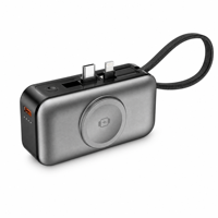 Mini capsule 3 en 1, 20W entrée/sortie, charge rapide, batterie externe sans fil avec câble intégré, support de téléphone, type-C