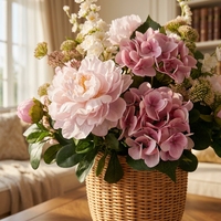 Boho Cottage Rosa Pfingstrosen-Hortensien-Blumenarrangement, Großes Seidenblumen-Gesteck mit Geflochtenem Rattan-Sockel-Vase