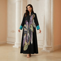 Robe longue Abaya de luxe noire vintage à col montant en polyester, broderie de perles et sequins colorés, pour la prière de l'Aïd et les fêtes