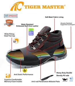 Chaussure de sécurité en cuir noir Tiger Master CE antidérapante, résistante à l'huile et à l'eau, avec embout en acier, anti-perforation, antistatique pour hommes, construction - Product Image 5