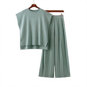 Conjunto de Pantalones Anchos Plisados y Top de Punto sin Mangas para Mujer, Color Sólido, Corte Holgado, Cuello Redondo, Tela Modal, Ropa Casual de Primavera/Verano - Product Image 2