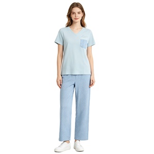 Pigiama da Donna in Puro Cotone Personalizzato ODM, Set con Maniche Corte e Pantaloni Lunghi, Vita Elastica, Abbigliamento Casual <span class=keywords><strong>per</strong></span> Casa e Relax - Product Image 1