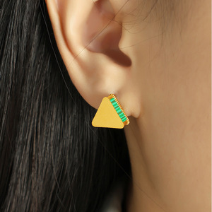 Green Striped Acrylic Triangle <b>Stud</b> Earrings Gold Plated <b>Titanium</b> Steel Geometric Pyramid Shape For Women - Product Image 3