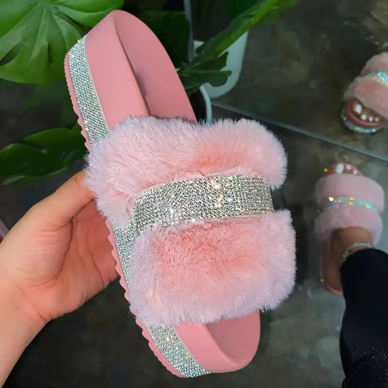 2022 Fashion New Arrival Ladies Rhinestone PVC Thick-soled Custom Winter Fur Slippers furry