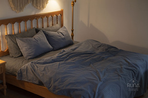 Draps de lit en coton indigo 100% lavé et élastique, motif à carreaux, matériau naturel pour toutes les saisons, hôtel et maison. - Product Image 3