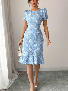 Vestido de Oficina para Mujer, Nuevo Verano 2025, Estampado Floral con Margaritas en Relieve, Poliéster, Cintura Alta, Cuello Alto, Falda Ajustada con Cola de Pez, Talla Mediana - Product Image 2