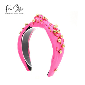 Finestyle altın renk inci lüks tasarımcı kravat boya renkli pastel üst düğüm metalik kristal rhinestone spa bling çocuklar kafa bandı - Product Image 2