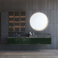 Meuble de salle de bain de luxe vert foncé à fixation murale avec dessus en pierre frittée, 1 porte, 2 tiroirs et vitrine latérale pour la rénovation de maisons et d'hôtels