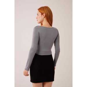 Blouse de base en gros, col large, gris, taille XL, formelle, coréenne, pour le bureau, la fête, automne, viscose et lin unis, avec logo - Product Image 1