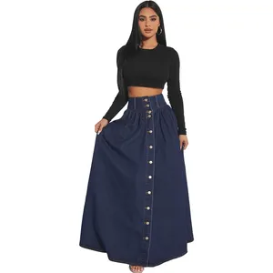 Tùy Chỉnh Của Phụ Nữ Bông Phụ Nữ Màu Xanh Một Dòng Lỏng Lẻo Giản Dị Xù Denim Maxi Váy Dài Denim Jean Váy - Product Image 1