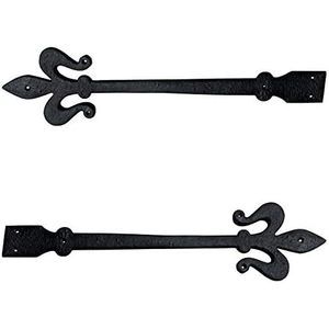 Paire de charnières de porte en fer forgé traditionnelles, design Fleur de Lys noir, 460 mm x 119 mm - Product Image 1