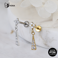 Piercing Labret Suspendu en Titane G23 ASTM F136 avec Pendentif Fleur Triangle CZ Plaqué Or Blanc 18K pour Hélix et Cartilage