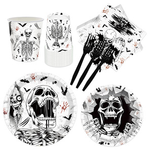 Kit de fournitures de fête jetables sur le thème de la squelette d'Halloween, assiettes, gobelets, serviettes, fourchettes, ensemble de vaisselle en papier - Product Image 1