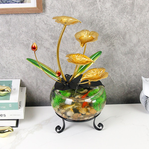 ตู้ปลาทรงกลมดีไซน์ดอกบัวสีทอง พร้อมน้ำพุตกแต่ง สำหรับตกแต่งบ้าน สำนักงาน หรือโต๊ะทำงาน - Product Image 1