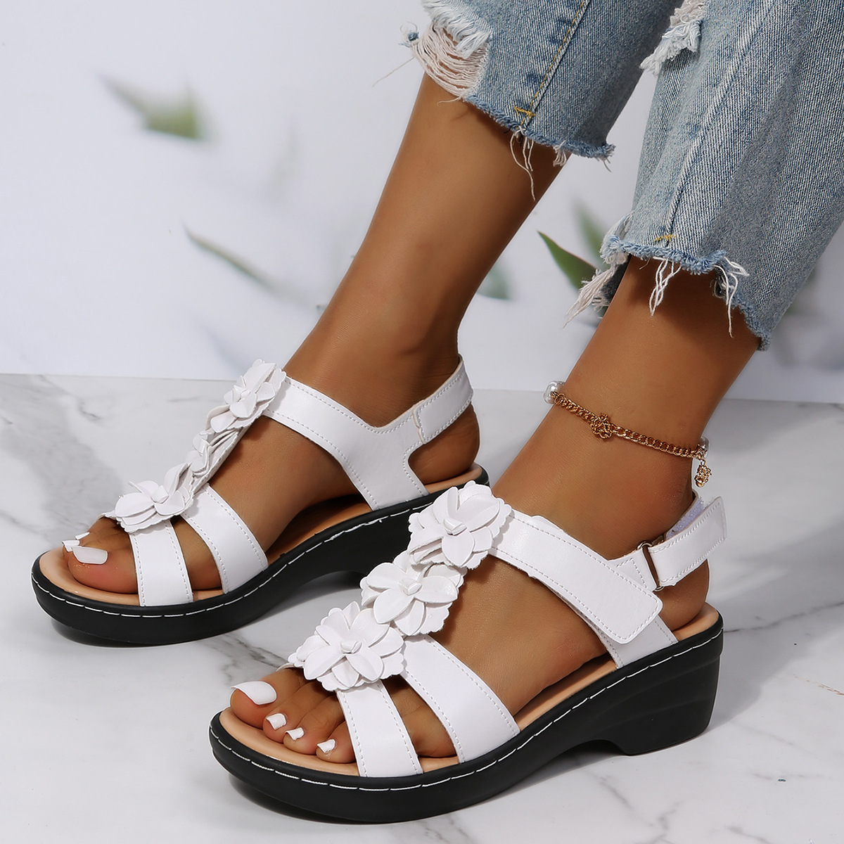 Summer Sandals Hollowed Wedge Heel Fish Mouth Flower Casual Comfortable Sandals Women