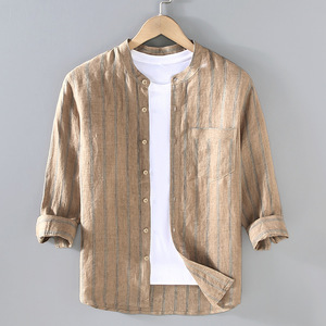 G036 nuova <span class=keywords><strong>camicia</strong></span> estiva in <span class=keywords><strong>stile</strong></span> <span class=keywords><strong>giapponese</strong></span> con colletto ripiano tinta in filo di lino a maniche a tre quarti Casual Versatile da uomo - Product Image 1