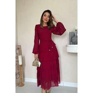 ชุดราตรีผ้าชีฟองสีเบอร์กันดีทรงเอไลน์ แต่งระบายชั้นๆ เอวธรรมชาติ แขนยาว ผ้าบางเบา ความยาวแบบแม็กซี่ - Product Image 4