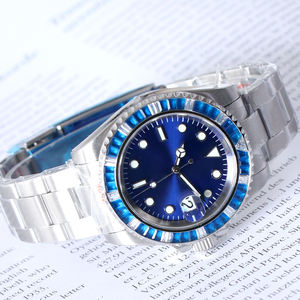 Montre mécanique automatique NH35 sans logo, personnalisée, avec cadran serti de diamants, submersible, bleue, étanche 10 bars, montre-bracelet de luxe pour homme - Product Image 3