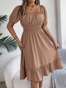 Vestido casual de cuello cuadrado y manga corta con corte en A, cintura ajustada y dobladillo con volantes, elegante y sofisticado para mujer. - Product Image 5