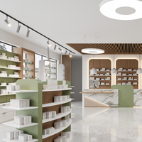 Design d'intérieur de pharmacie naturelle moderne Support double face avec peinture verte personnalisée Étagères de présentation perdues en bois