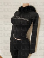 Ensemble 2 pièces pour femme : Sweat à capuche et pantalon de survêtement en nylon extensible avec col en fourrure, logo personnalisé en strass, idéal pour les grandes tailles