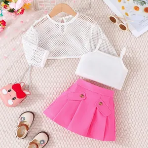 New boutique summer kids clothes mesh long sleeve top+slip tank top+pleated skirt fashion three-piece girl's clothing