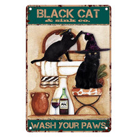 Plaque en métal vintage Black Cat & Co Savon de Bain – Décoration murale rétro pour salle de bain et toilettes – Amusante plaque en étain vintage avec chat – Lavez vos pattes