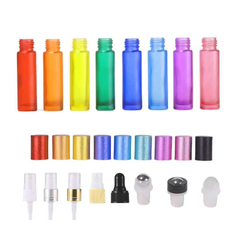 Low MOQ in stock 10ml colorful thin serum essential oil bottle empty frosted glass dropper bottle with wood grain lid