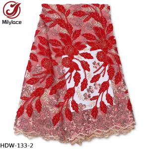 Velours africain rouge de luxe français avec paillettes broderie fleur Tulle <span class=keywords><strong>Net</strong></span> tissu de dentelle nigérian avec des pierres - Product Image 2