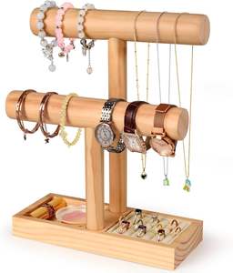 خشب طبيعي مع تصميم من مستويين لتخزين الأساور والأساور والساعات والقلائد والقلائد - Product Image 1