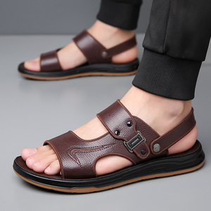 Sandalias Planas de Verano para Hombre, Punta Abierta, Primera Capa de Piel de Vaca, Suela de Goma Antideslizante, Zapatos Casuales de Playa - Product Image 3