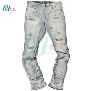 Jeans en denim bleu camouflage pantalon nouveau style de jeans empilés avec patchs pour hommes jeans droits décollés baggy pour hommes vente en gros