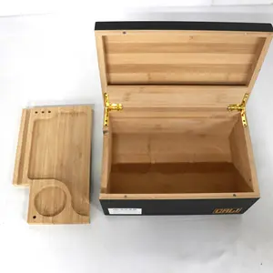 OEM decorativo madeira luxo stash box fumar bambu stash box com rolamento bandeja caixas de madeira com tampa articulada