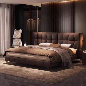 Italian Minimalist Genuine Leather <b>Bed</b> Double Size Upholstered Waffle Design Master Bedroom Wedding <b>Bed</b> - Product Image 2