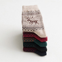 Chaussettes mi-mollet en laine et polyester jacquard respirantes pour femme, motif cerf de Noël, double fil, épaisses, collection hiver, best-seller