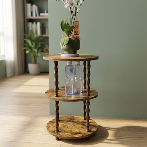 Table d'appoint rustique en bois, étagère de rangement ronde à 3 niveaux, support pour pot de fleurs pour salon, étagère de rangement d'angle en bois - Product Image 3